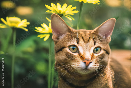 portrait of a cute cat wearing a small flower crown on its head in between yellow daisy flowers - Generative AI