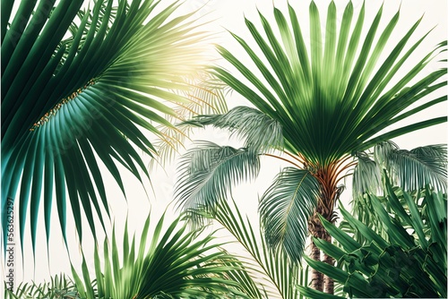 White background with several palm trees, plants. AI digital illustration