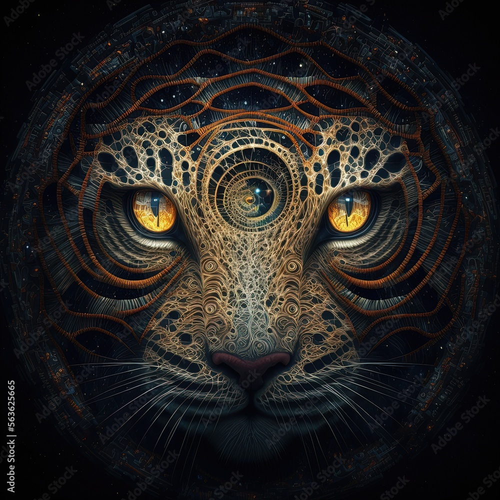 Mystic tiger face with amazing shapes and frightening look. AI digital illustration