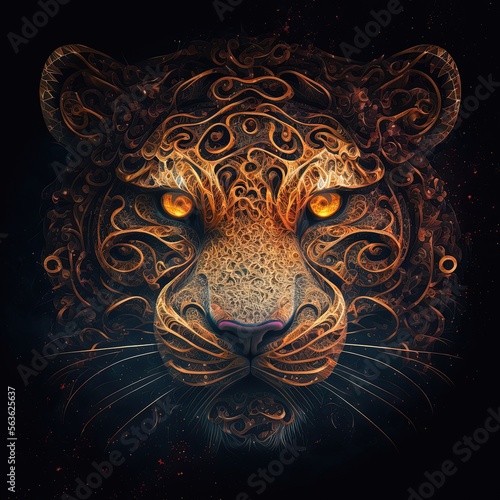 Mystic tiger face with amazing shapes and frightening look. AI digital illustration © Deivison