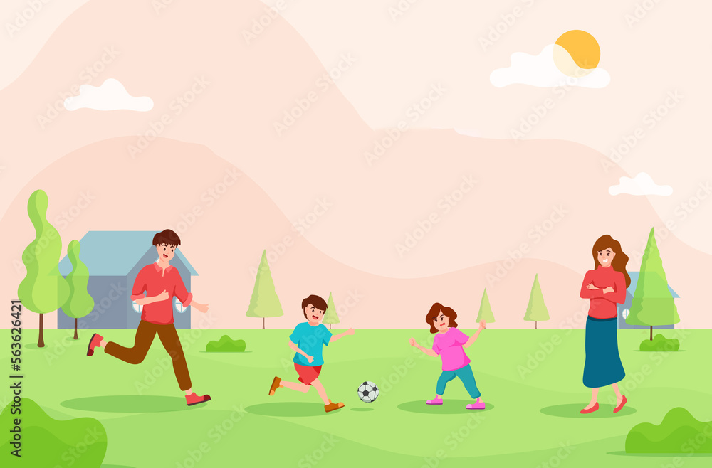 Father and children playing football together,mother standing beside,family hobby,relax time, Father and children playing football together,mother standing beside,family hobby,relax time,