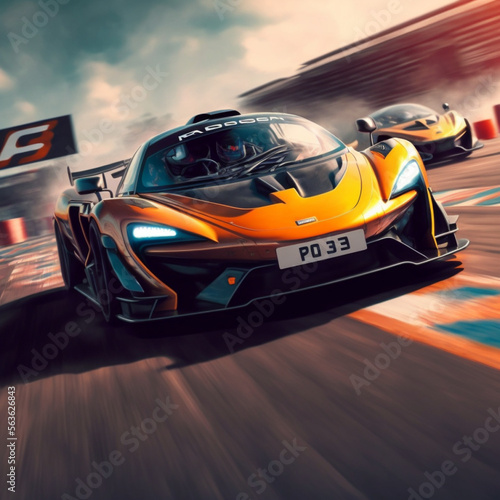 Mclaren race car racing with another mclaren in the airport with an huge competition for the victory.  Generated by Generative AI © Interactify