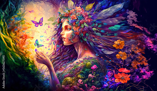 Beautiful fairy with wings in a fantasy magical enchanted forest with butterflies, generative ai