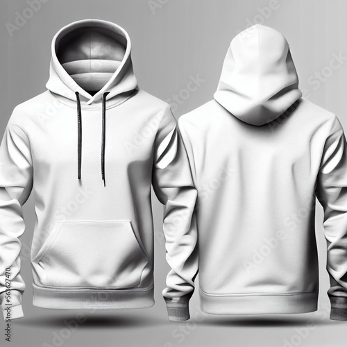 Leere weiße Hoodie-Vorlage mit Platz für Text, Logo und Design. Vorder- und Rückansicht, Generative Ai photo