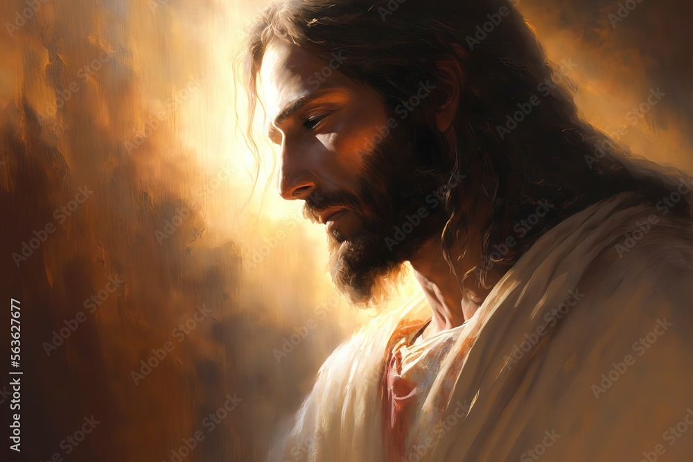 Portrait de Jésus dans la lumière paisible, aspect peinture - obrazy, fototapety, plakaty 