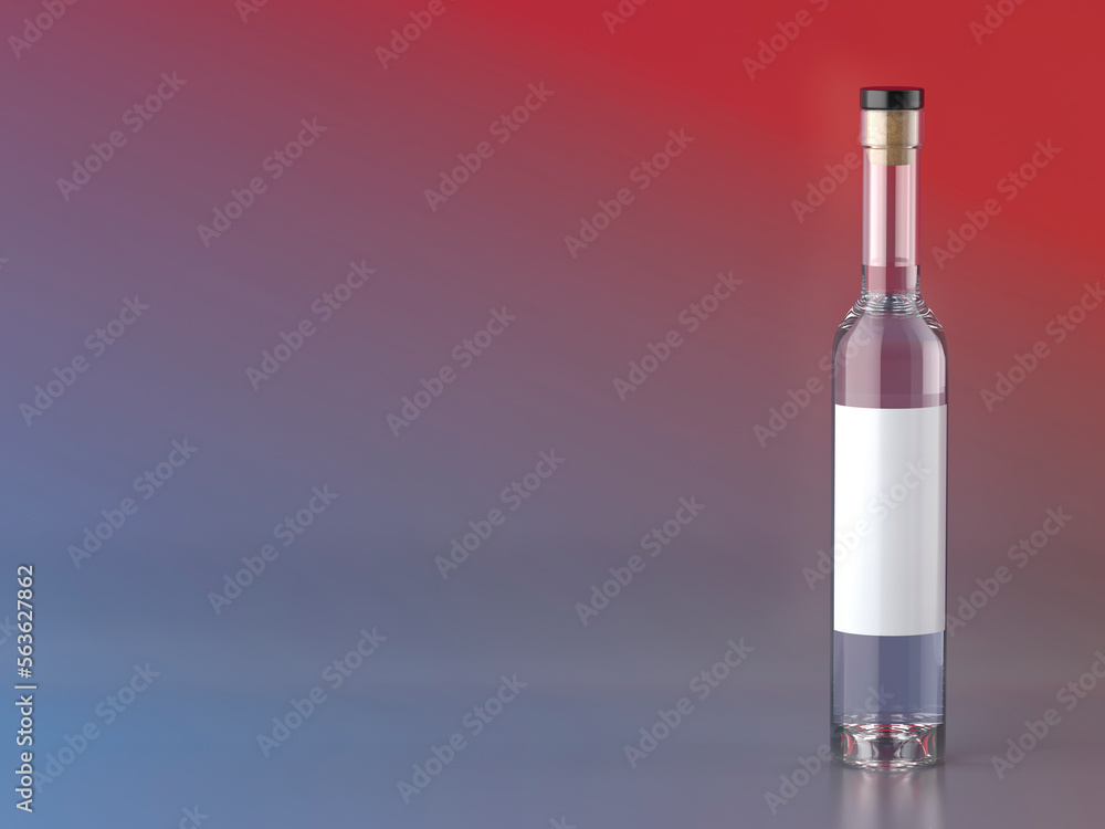 Fototapeta premium Tall glass bottle with colorless liquid inside on colorful background