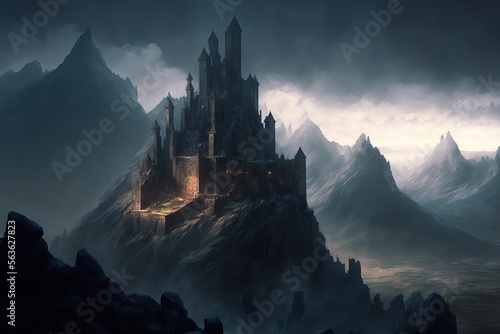 illustration numérique de fantaisie, château fort sombre sur une montagne dans un paysage montagneux de nuit avec brume photo