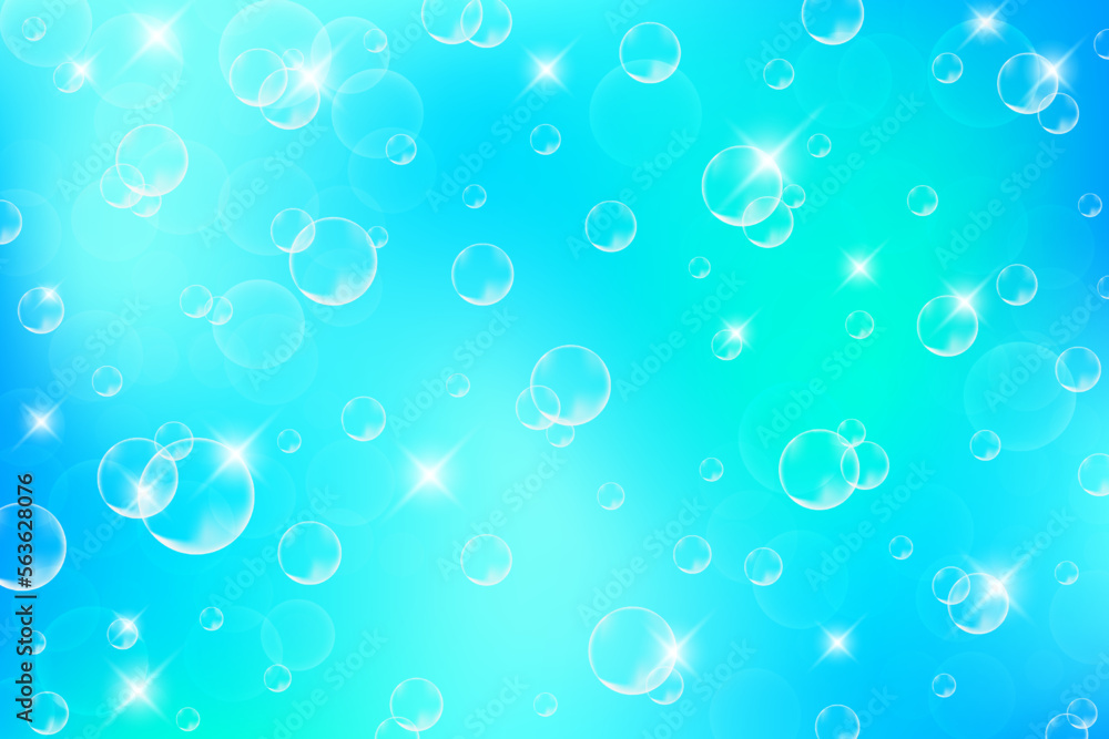 Bubbles in water on blue background. Turquoise abstract banner with soap foam. Effervescent suds in sea and aquarium. Vector illustration.
