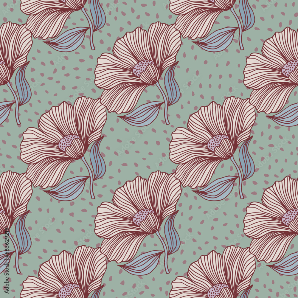 Fototapeta Vintage outline flower endless background. Delicate floral line seamless pattern.