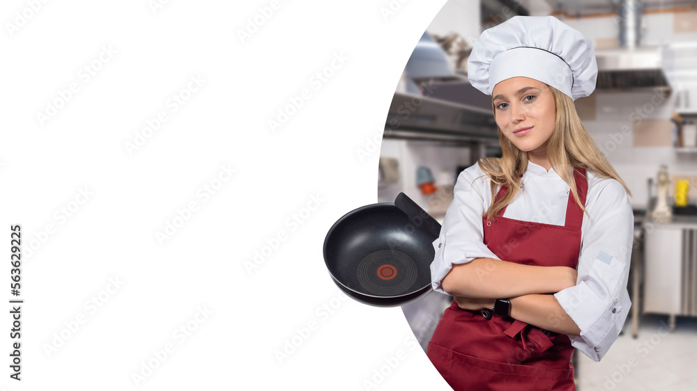 Woman cook. Portrait of young girl cook. Confectioner with frying pan. Copy space on white. Woman cook stands with hands crossed. Successful restaurant employee posing confident pose Woman cook. Portrait of young girl cook. Confectioner with frying pan. Copy space on white. Woman cook stands with hands crossed. Successful restaurant employee posing confident pose