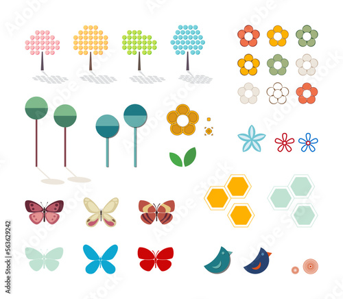 Nature objects, design elements set. Collection of isolated colorful trees, flowers, butterflies, birds and geometric shapes