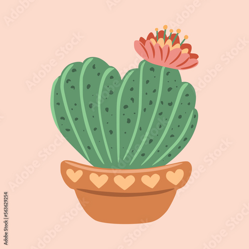 Flat cactus with flower. Сactus with flower with shape of heart in pot. Сan be used for greeting cards, invitations, stickers and prints. Illustration for birthday and valentine's.