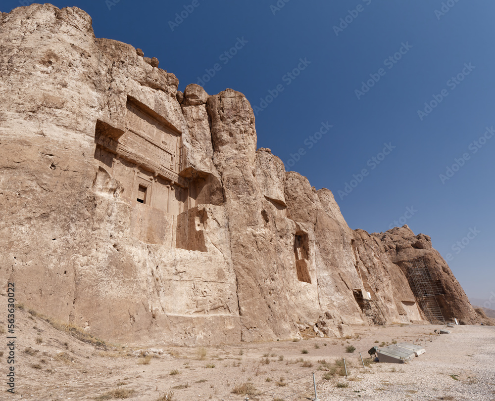 Panoramic view of Naqsh-e Rostam, Tombs of Persian Kings carved into the stone in Fars Province, Iran