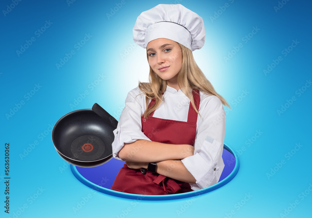 Chef cook girl. Chef student with empty frying pan. Young woman in cook uniform. Girl confectioner stands with her arms crossed. Restaurant intern portrait. Cook college student on blue Chef cook girl. Chef student with empty frying pan. Young woman in cook uniform. Girl confectioner stands with her arms crossed. Restaurant intern portrait. Cook college student on blue