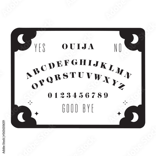 Ouija board. Black and white. Divination. Isolated vector graphic illustration art. Alphabet. Magic. Fortune-telling. 