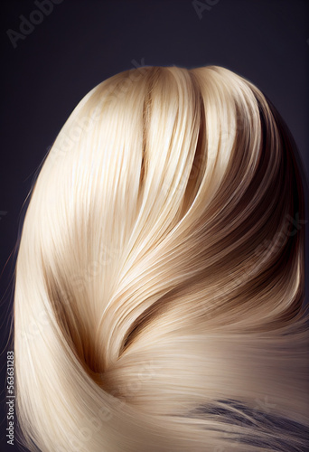 Perfekte  gesunde und gl  nzende blonde Haare im Fokus eines Portraits. Perfekt f  r Friseur- Haarfarbe- und Shampoo- werbung. -Generative Ai
