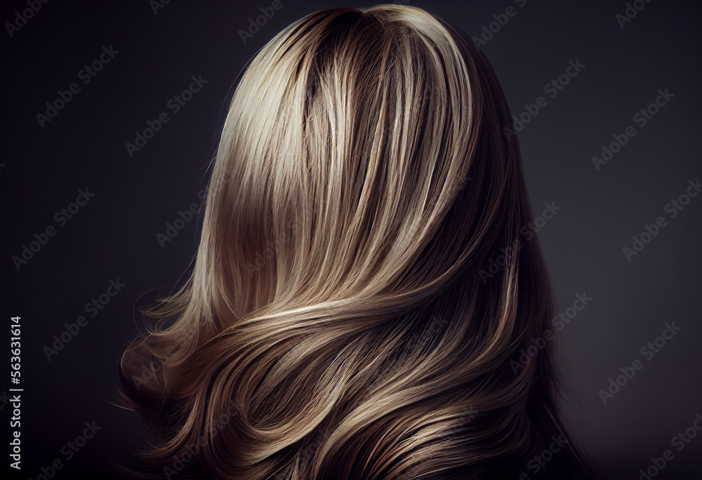 Fototapeta premium Perfekte, gesunde und glänzende blonde Haare im Fokus eines Portraits. Perfekt für Friseur- Haarfarbe- und Shampoo- werbung. -Generative Ai