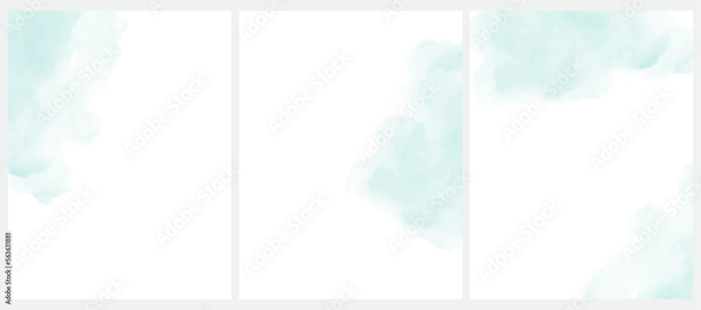 Delicate Light Mint Green Abstract Watercolor Style Vector Layouts. Pastel Blue Paint Stains on a White Background. Pastel Color Stains and Splatter Print Set ideal for Cover, Blank. No text.