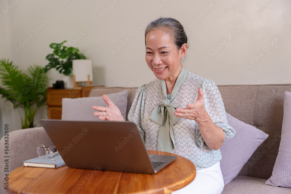 Asian woman senior consultant is using laptop to chat online and take notes at work meeting at home in living room earnestly and deliberately. Asian woman senior consultant is using laptop to chat online and take notes at work meeting at home in living room earnestly and deliberately.