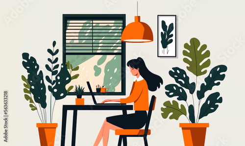 Woman working or studying on laptop at home. Working at home and coworking space vector flat style illustration.  Study at home in quarantine