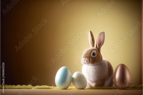 Cute easter rabbit sitting with easter eggs on golden background with empty space for text or product. Currious small bunny symbol of spring and easter photo