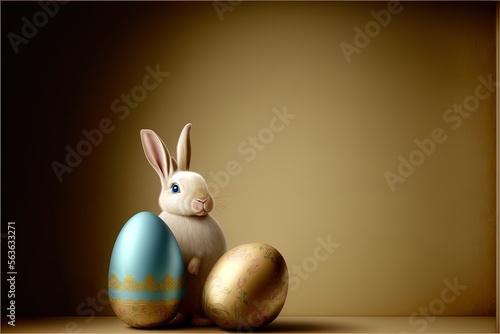 Cute easter rabbit sitting with easter eggs on golden background with empty space for text or product. Currious small bunny symbol of spring and easter photo