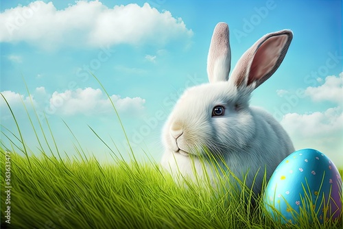 Cute easter rabbit sitting at green grass with easter egggs daisy flowers on blue sky background with empty space for text or product. Currious small bunny symbol of spring and easter photo