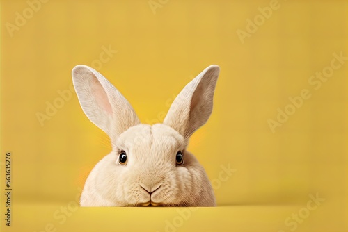 Cute easter rabbit sticking out yellow on yellow background with empty space for text or product. Currious small bunny symbol of spring and easter