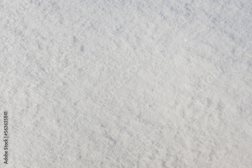 The surface of loose natural snow on a sunny day. Close up top view