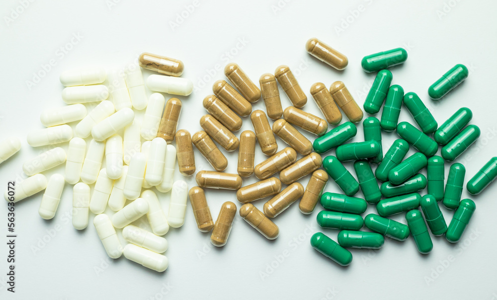 Zinc capsules, korean ginseng, ashwagandha on a white background, various types of supplements, body support, health care, medicine Zinc capsules, korean ginseng, ashwagandha on a white background, various types of supplements, body support, health care, medicine
