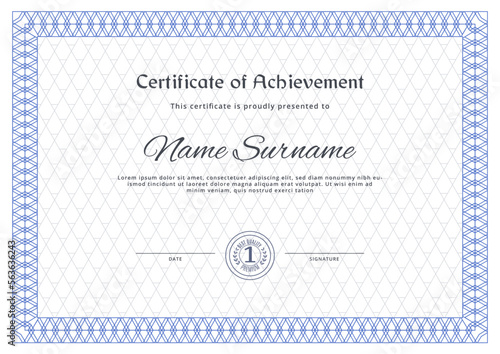 Certificate border. Blue ornamental frame for certificate blank, Vector illustration
