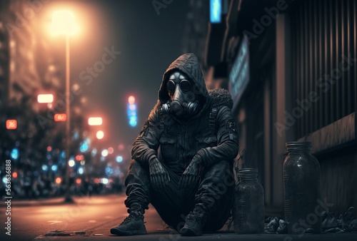homeless illustration with a gas mask on the street, image by AI