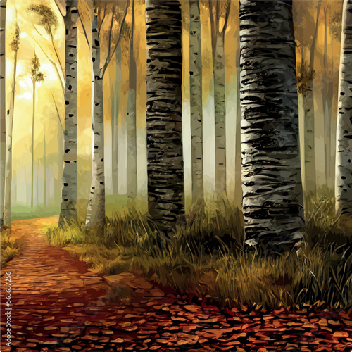 birch grove with mushrooms - colorful vector background illustration