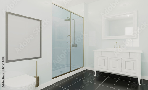 Clean and fresh bathroom with natural light. 3D rendering.. Blank paintings.  Mockup.