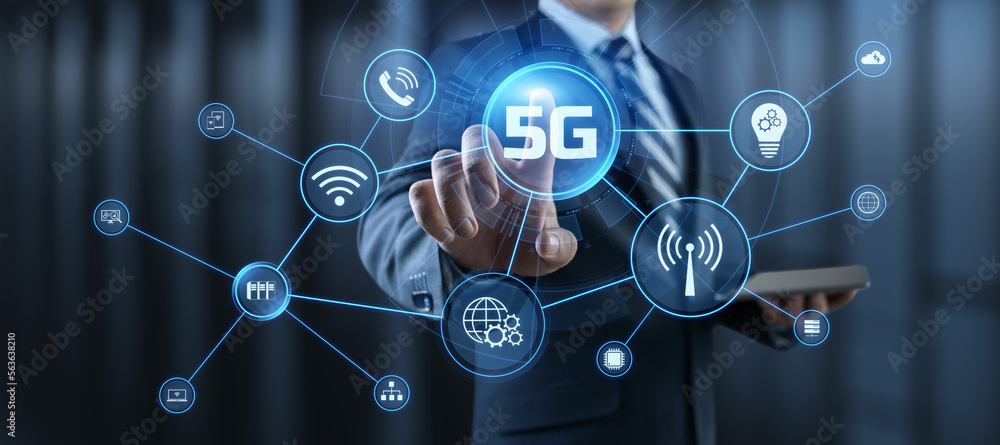 5G High-speed internet connection concept. Businessman pressing button on screen. 5G High-speed internet connection concept. Businessman pressing button on screen.