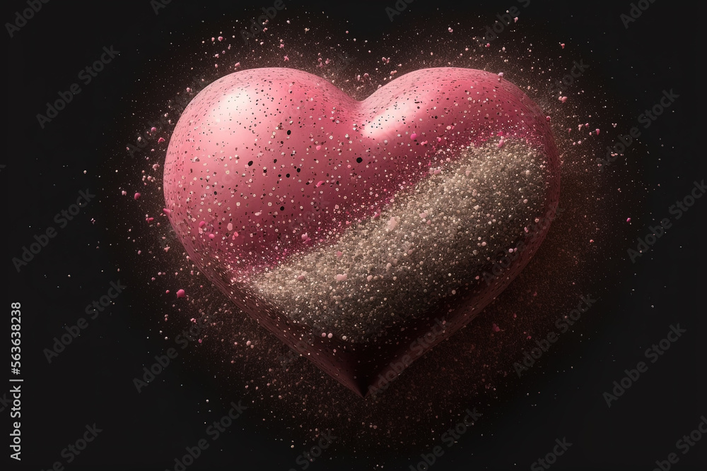 Valentine's Day Hearts with sparkling glitter gold textured on red background. Seasonal holidays background with love symbol. Generative AI