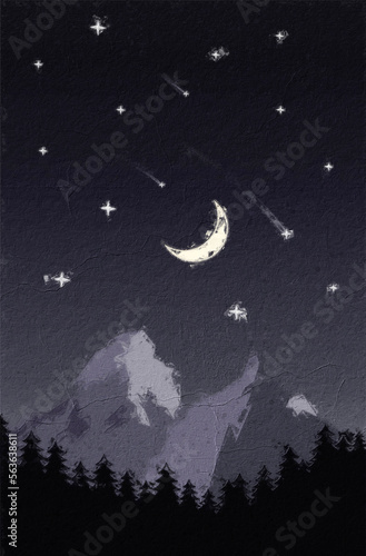 Creative concept illustration night time sky with falling stars on european mountain background styled as oil painting canvas.