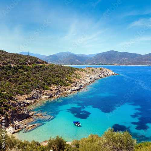 Summer sea scenery with aquamarine transparent water. View from shore (Sithonia, Halkidiki, Greece). © wildman