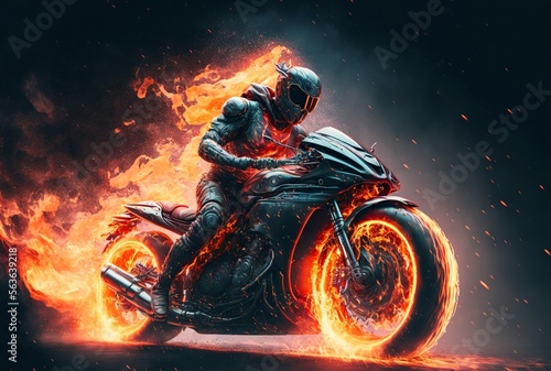 illustration biker between flames, image generated by AI