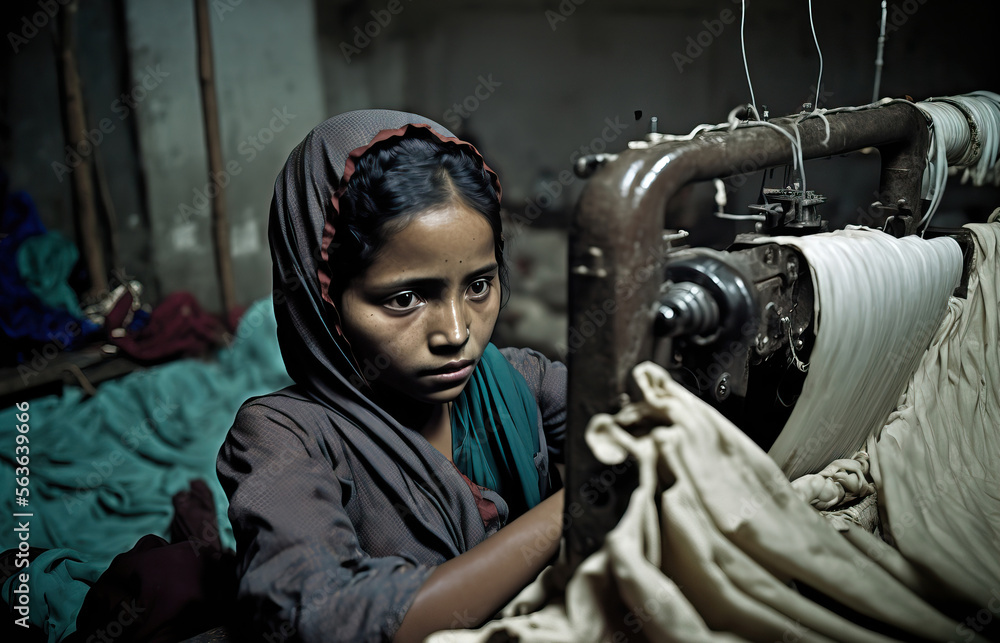 Asian child labour in fashion textile industry - teenage working girl sewing clothes in a factory, generative AI