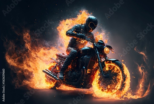 illustration biker between flames, image generated by AI