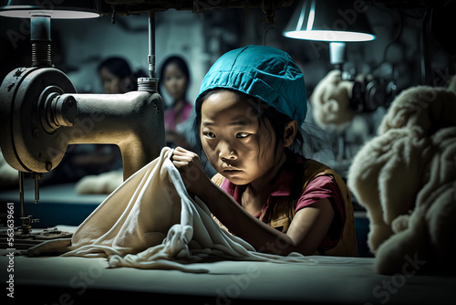 Asian child labour in fashion textile industry - small working girl sewing clothes in a factory, generative AI