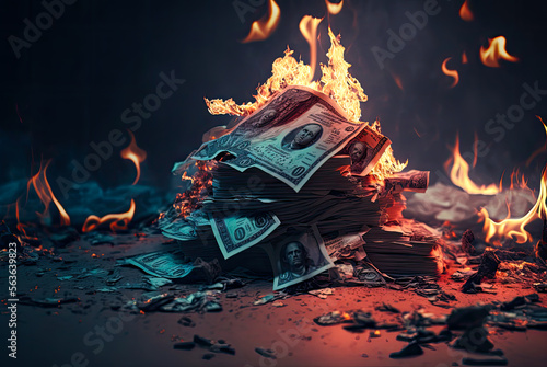 Pile of money on fire, economic collapse, depression, recession concept. Fictitious money. Generative AI photo