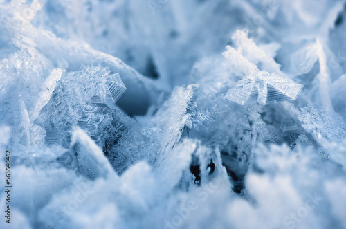Beautiful ice crystals during frosts. Macro shot of hoarfrost patterns. Snowflakes close-up  Shallow depth of field.