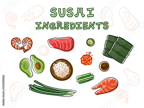 Sushi ingredients set in simple sketchy style. Salmon, tuna, shrimps, avocado, nori, caviar, cucumber, scallions, rice. 