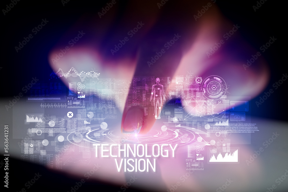 Finger touching tablet with web technology icons concept Finger touching tablet with web technology icons concept