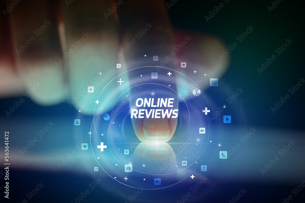 Finger touching tablet with social media icons concept Finger touching tablet with social media icons concept