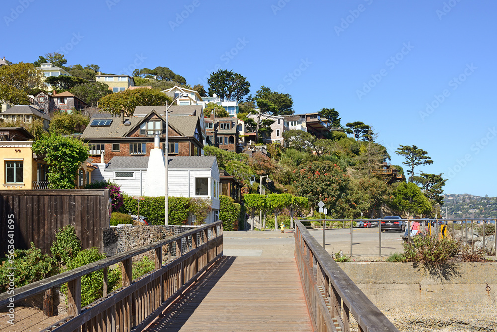 Urban view. Picturesque  Old Town Sausalito in California. USA - obrazy, fototapety, plakaty 