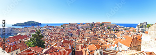 panoramic city over the old town of Dubrovnik from south harbor to island Lokrum til Fort Lovrijenac, Croatia, Adriatic Sea, Dalmatia region 