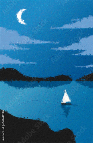 Creative concept illustration sailing boat yacht at the sea with mountains and sky in the nighttime styled as oil painting canvas.
